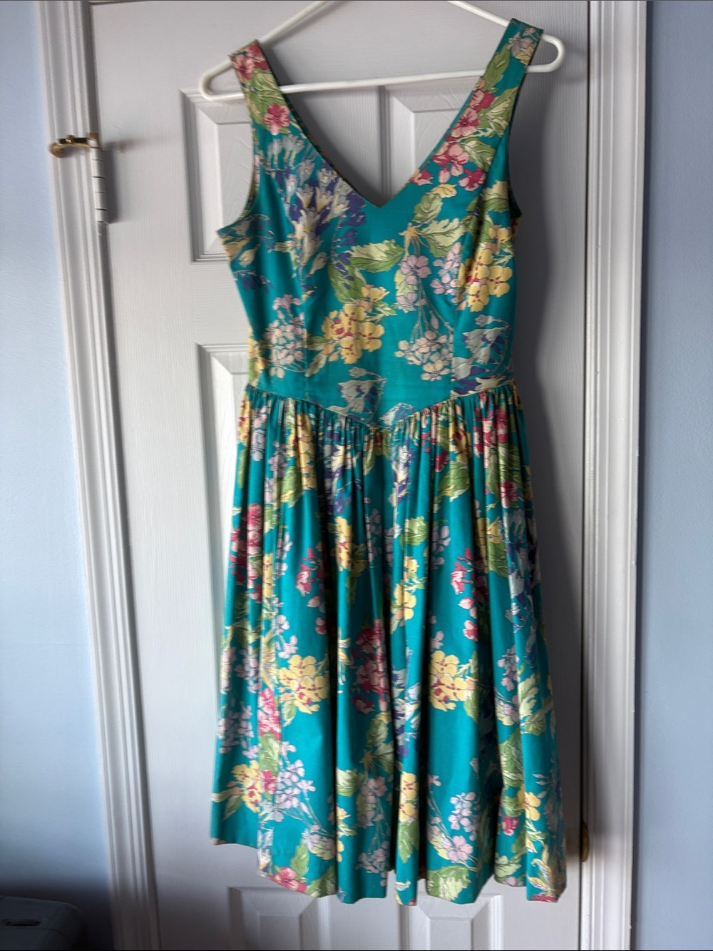Laura Ashley Teal Floral V-Neck Sleeveless Dress